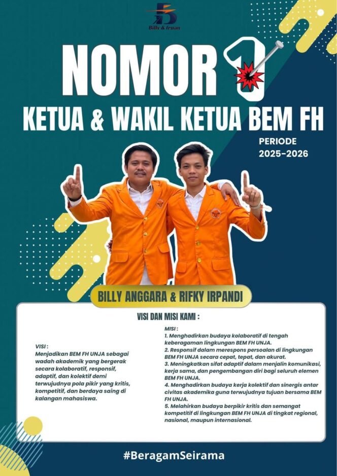 
					Calon Ketua dan Wakil Ketua BEM FH UNJA Bily Irpan Beragam Seirama siap Untuk Berjalan Bersama!