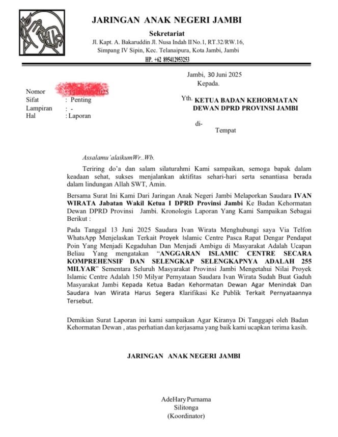 
					Warga Jambi Laporkan Ivan Wirata ke Badan Kehormatan DPRD Provinsi Jambi, Pertanyakan Kejelasan Anggaran Islamic Centre