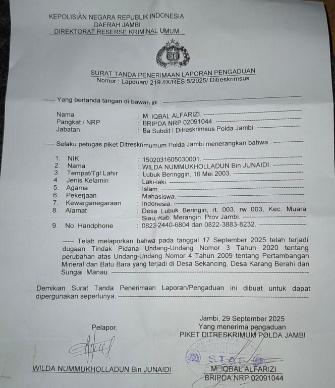 
					Tiga Kades Merangin Diduga Terlibat PETI: AMPMJ Seret Tiga Kades ke Polda Jambi & Resmi Masuk Tahap Penyelidikan