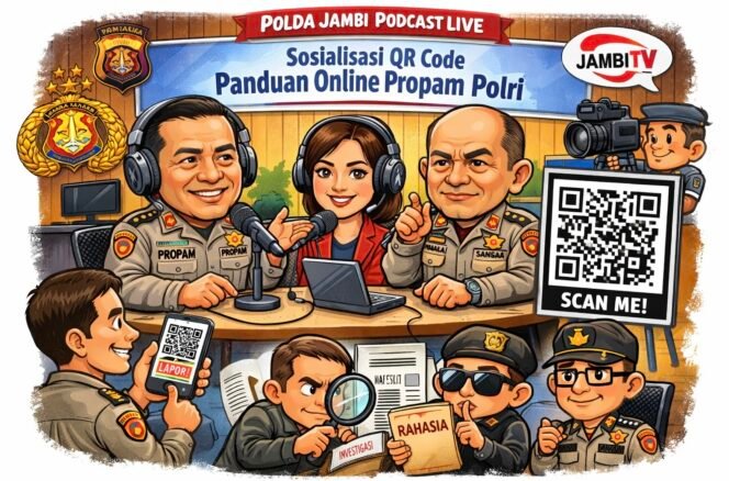 
					Polda Jambi Sosialisasikan QR Code Panduan Online Propam Polri Lewat Podcast Live Streaming