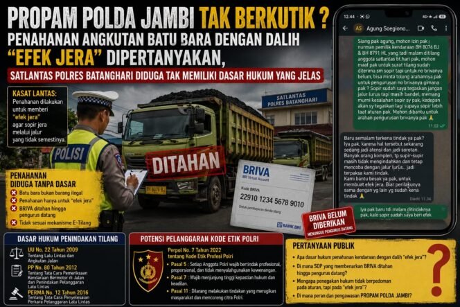 
					Satlantas Polres Batanghari Sebut Penundaan BRIVA untuk “Efek Jera”, Publik Pertanyakan Dasar Hukumnya