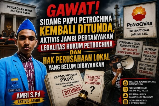 
					Sidang PKPU PetroChina Kembali Ditunda, Aktivis Jambi Pertanyakan Legalitas Hukum dan Hak Perusahaan Lokal Yang Belum Dibayarkan